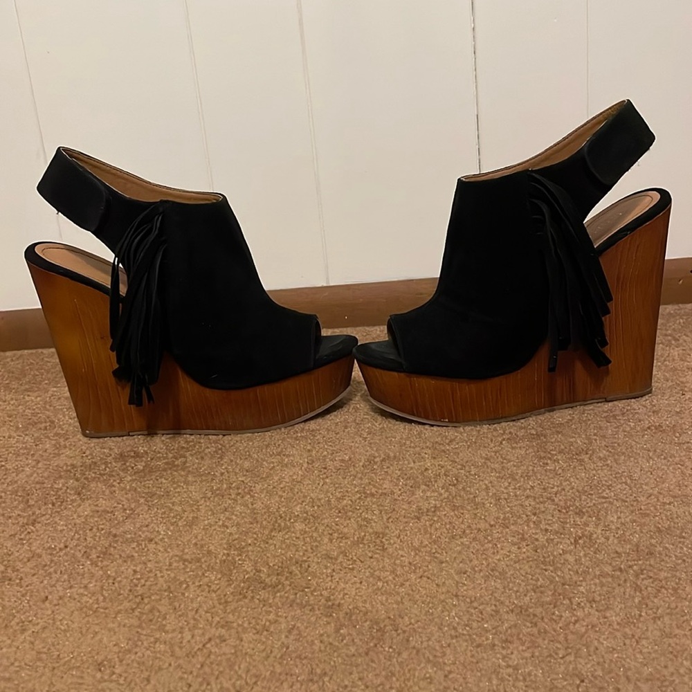 Black Wedge Heels with Fringe